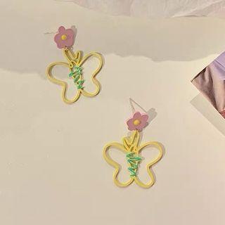 Flower & Butterfly Alloy Dangle Earring 1 Pair - Silver Needle - Pink & Yellow - One Size