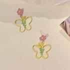 Flower & Butterfly Alloy Dangle Earring 1 Pair - Silver Needle - Pink & Yellow - One Size