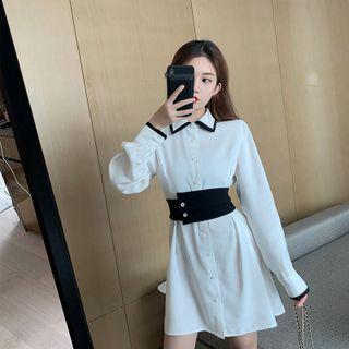 Long-sleeve Two Tone Mini Shirtdress