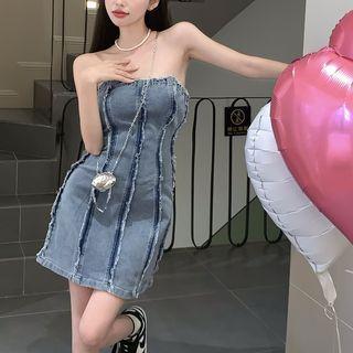 Frayed Denim Mini Tube Dress