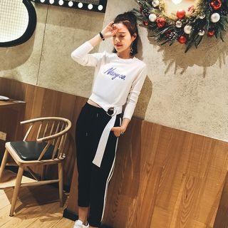 Set: Lettering Long-sleeve T-shirt + Striped Sweatpants