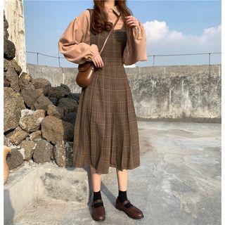 Plain Shirt/ Plaid Midi A-line Jumper Dress