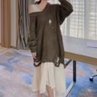 Set: Sleeveless Lace-trim Dress + Distressed Knit Dress