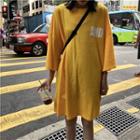 Lettering 3/4-sleeve Long T-shirt With Sash