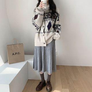 Argyle Cardigan / Midi A-line Skirt / Set