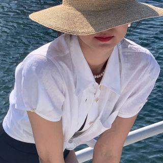Short-sleeve Plain Cropped Shirt White - One Size