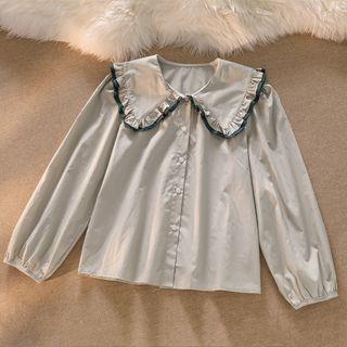 Collared Contrast Trim Blouse Light Green - One Size