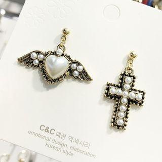 Non-matching Faux Pearl Flying Heart & Cross Dangle Earring As Shown In Figure - One Size