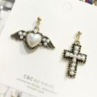 Non-matching Faux Pearl Flying Heart & Cross Dangle Earring As Shown In Figure - One Size