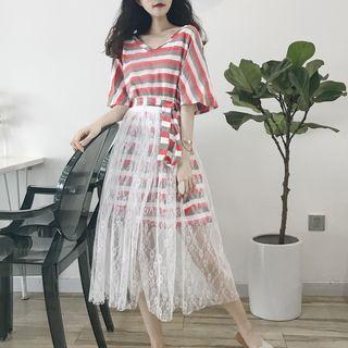 Striped Tie-waist Elbow-sleeve T-shirt Dress / Lace Midi A-line Skirt
