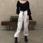 Long-sleeve V-neck Top / Wide-leg Cargo Pants