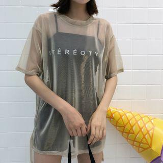 Set: Lettering Camisole Top + Short-sleeve Sheer Top