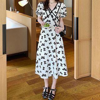 Bow Print Puff Sleeve Maxi Dress