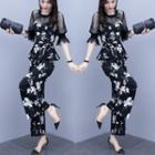 Set: Flower Print Lace Panel Elbow-sleeve Top + Wide-leg Pants
