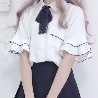 Piped Bell-sleeve Blouse / Mini Pleated Skirt