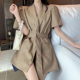 Puff-sleeve Plain Drawstring Waist Blazer