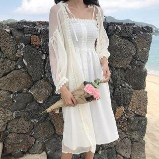 Sheer Lace-trim Cardigan Ivory - One Size
