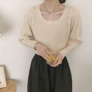 Round-neck Puff-sleeve Knit Sweater