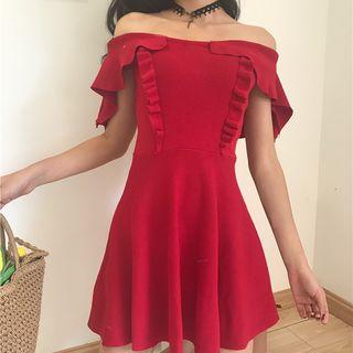 Plain Off-shoulder Slim-fit Knit Dress