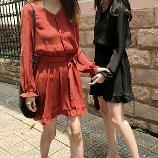 Long-sleeve Tie-waist Ruffled Dress