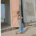Band-waist Washed Wide Jeans Light Blue - One Size