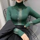 Long-sleeve High-neck Rhinestone Top