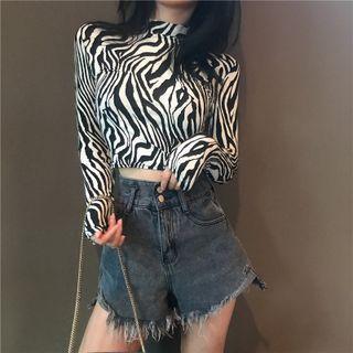 Semi High-neck Zebra Long-sleeve Top Black & White - One Size