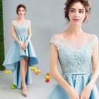 Sleeveless Applique Dip-back Mini Prom Dress