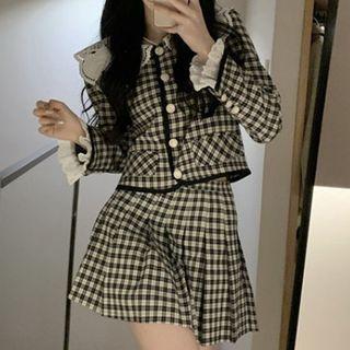 Plaid Frill Trim Cropped Button-up Jacket / Mini A-line Skirt