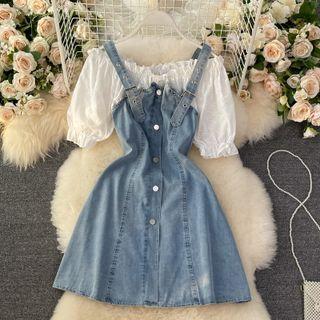Inset Eyelet Lace Top Denim Jumper Dress