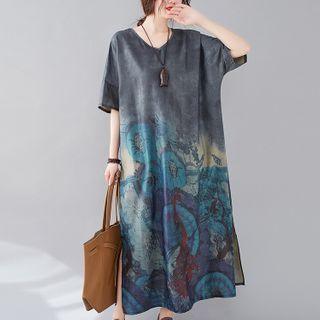 Elbow-sleeve Printed A-line Maxi Dress As Shown In Figure - One Size