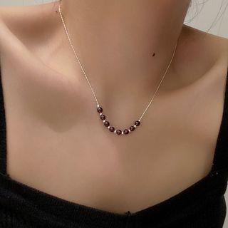 Beaded Necklace 1pc - Maroon & Silver - One Size