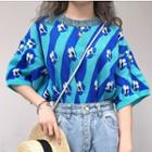 Floral Print Elbow Sleeve Knit Top Blue - One Size