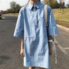 Plain Elbow-sleeve Collared Dress Blue - One Size