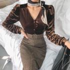 Plunge-neck Puff-shoulder Velvet Blouse