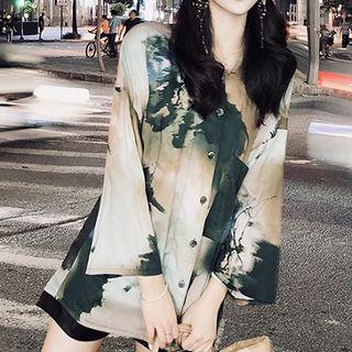 Picture Print Long-sleeve Midi Blouse Shirt - Green - One Size