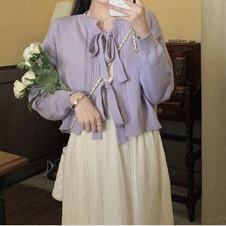 Puff-sleeve Midi A-line Lace Dress / Tie-front Cardigan