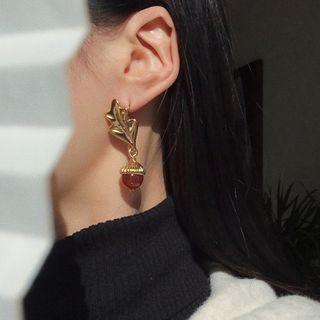 Agate Bead Leaf Alloy Asymmetrical Dangle Earring 1 Pair - Ear Studs - Gold & Red - One Size