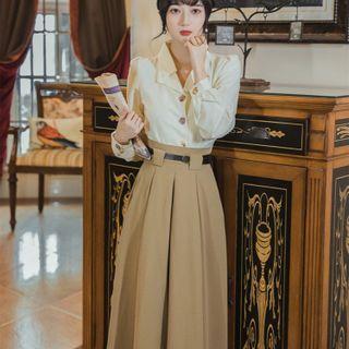 Set: Plain Shirt + High-waist Midi A-line Skirt