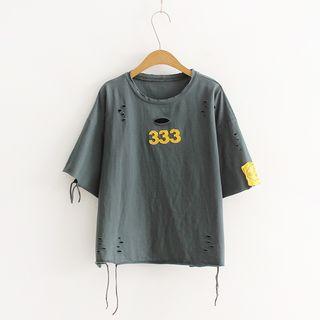 Number Applique Ripped Short-sleeve T-shirt