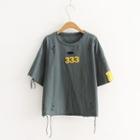 Number Applique Ripped Short-sleeve T-shirt