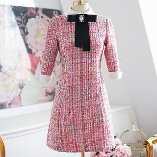 Elbow-sleeve A-line Tweed Dress