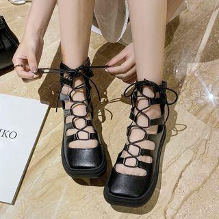 Lace-up Front Faux-leather Roman Sandals