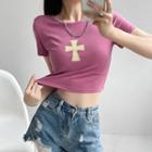 Short-sleeve Crisscross Print Crop T-shirt Purple - One Size