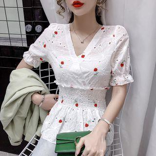 Short-sleeve Floral Embroidered Peplum Top
