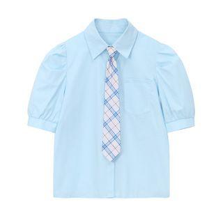Set: Puff-sleeve Shirt + Plaid Tie Blue - One Size