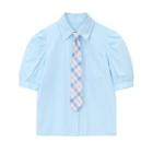 Set: Puff-sleeve Shirt + Plaid Tie Blue - One Size
