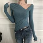 V-neck Knit Top Blue - One Size