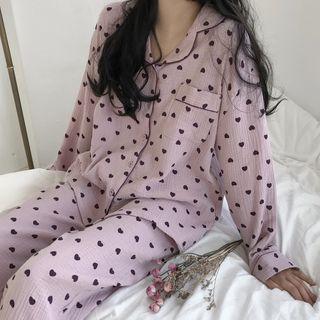 Set: Heart Printed Long-sleeve Top+pants