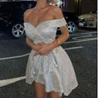 Off-shoulder V-neck Silky Mini A-line Dress